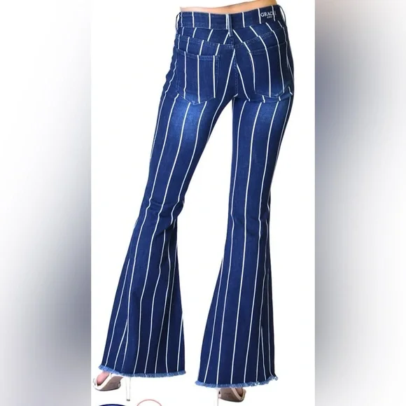 Flare/ bootcut/ bell bottom jeans w/ frayed hem striped Mid rise. Grace in LA 28 - Picture 2 of 12